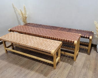 Minimalist Woven Leather Bench   | Handmade Bench-Made Solid Wood Seat | Modern Luxury Entryway   | Artisan Design.