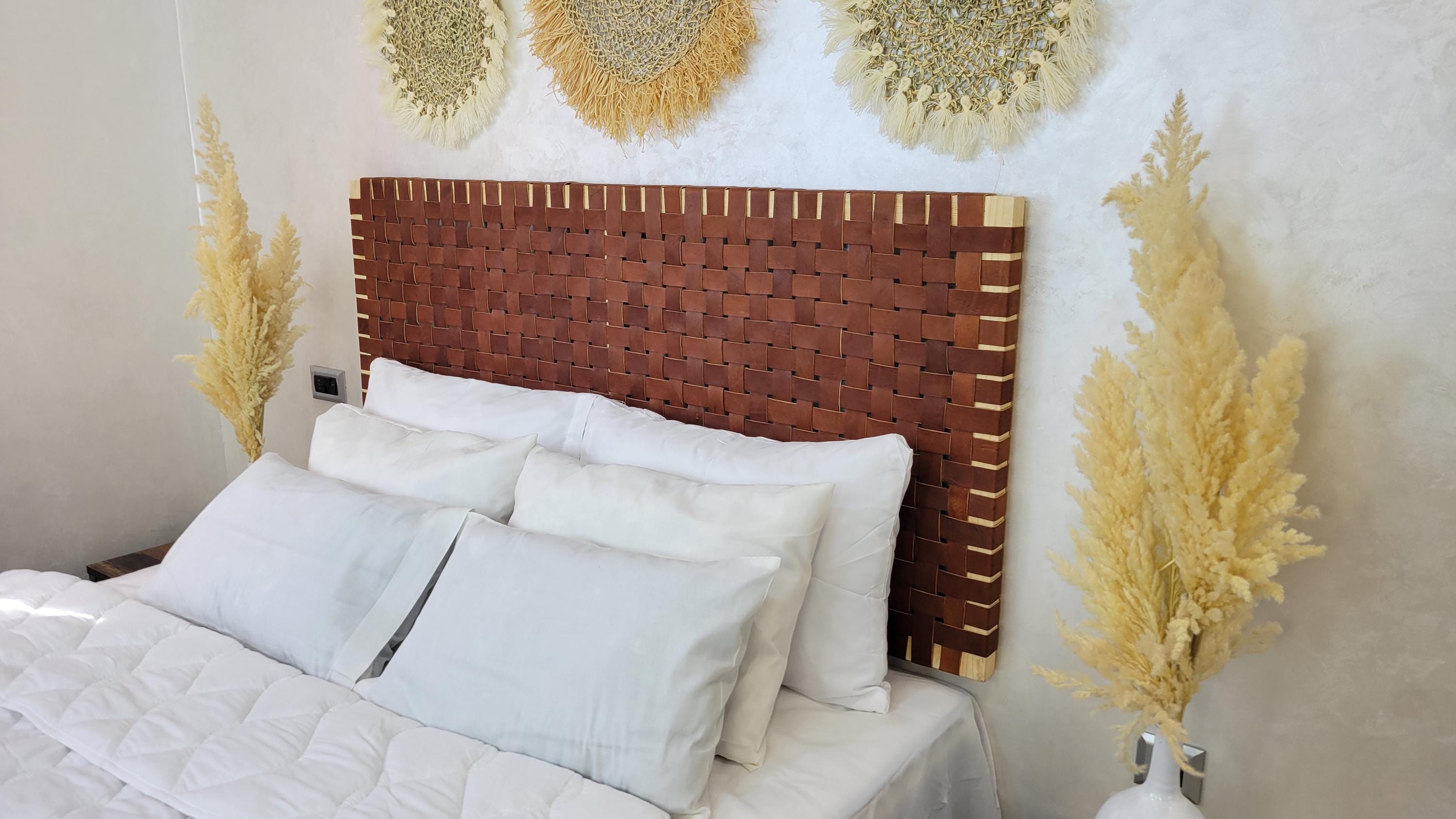 Handcrafted Woven Leather Headboard Luxury Modern Bed Headboard Boho Rustic Bedroom Decor .