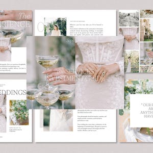 May include: A multi-page wedding photography services investment guide featuring a collage of images including a person in a white lace gown, champagne coupes, and floral arrangements with text overlays such as The Experience and Services Investment Guide.