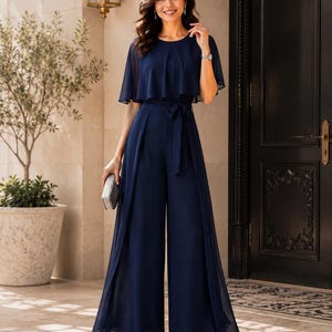 Navy Blue Chiffon Jumpsuit, Ruffle Cape Sleeve Wide Leg Pantsuit, Elegant Wedding Guest Outfit