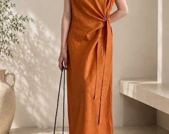 Robe 100 % ramie à bretelles torsadées de style français | Débardeur d'été slim pour femme