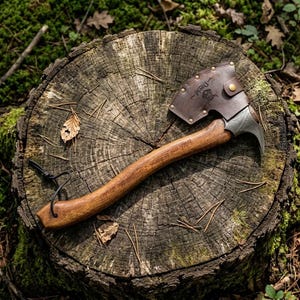 May include: A handcrafted axe with a wooden handle and a metal blade, resting on a tree stump. The axe has a leather sheath and is surrounded by forest foliage. The handle has engraved text.