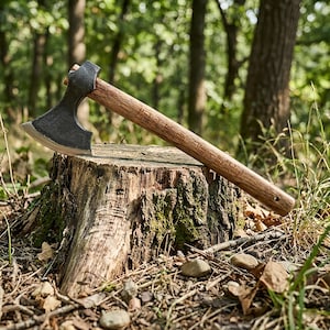 Peut inclure: Hache à tête en métal foncé et manche en bois, posée sur une souche d'arbre. La hache a une lame incurvée et un manche texturé. L'arrière-plan est une scène de forêt floue avec des arbres et des feuilles vertes.