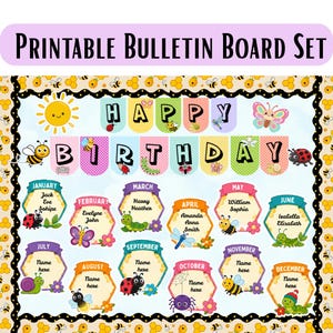 Peut inclure: Un ensemble de tableau d'affichage imprimable avec une bannière Happy Birthday composée de fanions à pois colorés, un soleil jaune et divers insectes. Douze étiquettes hexagonales par mois sont ornées d'abeilles, papillons et coccinelles.