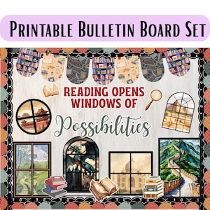 Può includere: Un set per bacheca stampabile con il testo "READING OPENS WINDOWS OF Possibilities". Il set include ritagli decorativi di librerie, libri aperti, una lente d'ingrandimento e varie scene di finestre che raffigurano paesaggi e un drago.