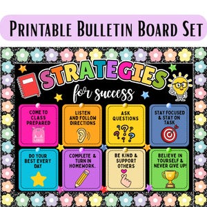 Peut inclure: Un ensemble de tableau d'affichage imprimable avec un fond noir et une bordure de fleurs colorées. Le texte indique "STRATEGIES for success" avec huit carrés colorés contenant des conseils éducatifs et des icônes comme un sac à dos, une oreille et un trophée.