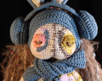 OOAK Crochet Blue Bunny Art Doll, Gothic Kawaii Fiber Art Collectible Plush