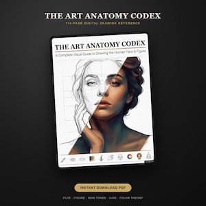 以下が含まれることがあります： The Art Anatomy Codexというタイトルのデジタル描画リファレンスガイド。半分が線画、半分がカラーで描かれた人間の顔の分割イラストが特徴です。表紙には「A Complete Visual Guide to Drawing the Human Face & Figure」というテキスト、下部にはアイコンツールバー、Instant Download PDFボタンが含まれています。