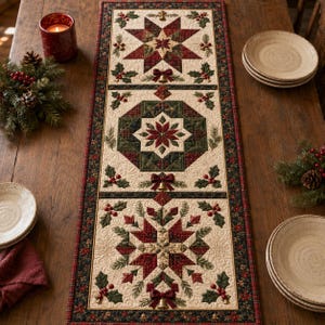 May include: A rectangular quilted table runner featuring a cream background with three distinct panels. Each panel displays intricate patchwork designs of red and green stars, poinsettias, holly leaves, berries, and small golden bells.