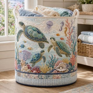 Può includere: Un cesto portabiancheria cilindrico in tessuto con una scena oceanica trapuntata raffigurante tre tartarughe marine, una medusa, cavallucci marini e barriere coralline. L'esterno presenta uno sfondo azzurro, un motivo a quadri alla base e due manici bianchi.