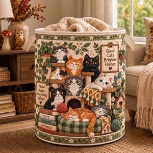 Pode incluir: Um cesto de armazenamento cilíndrico de tecido com um design acolchoado apresentando vários gatos, plantas em vasos e livros empilhados. O texto diz: Good Cats Brighter Homes, Meow Makes Everything Better, Cats, Cats, Plants, Happiness.