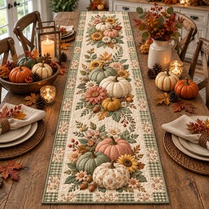 May include: A rectangular quilted table runner featuring a repeating pattern of pumpkins, sunflowers, and autumn leaves in shades of orange, green, and cream, bordered by a green and white checkered trim on a wooden dining table setting.