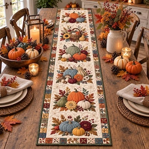 May include: A long rectangular table runner featuring a quilted design with repeating autumn-themed motifs including pumpkins, gourds, sunflowers, and fall leaves, bordered by a colourful geometric pattern on a cream-coloured fabric background.
