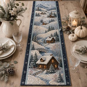 Quilted Winter Cabin Table Runner, Snowy Landscape Christmas Holiday Table Decor