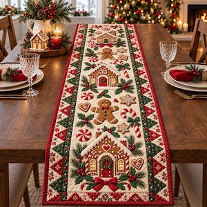 Gingerbread Village Table Runner, Christmas Quilted Runner, Holiday Gingerbread House Decor, Candy Cane Xmas Table Cloth, Christmas Gift