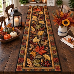 Fall Table Runner, Pumpkin Table Runner, Farmhouse Thanksgiving Dining Runner, Autumn Leaves Quilted Centerpiece, Rustic Harvest Decor