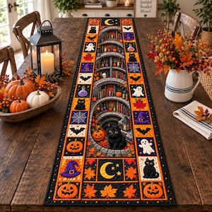Caminho de mesa de Halloween, Caminho de mesa Gato Preto, Decoração Assustadora em Patchwork, Abóbora Fantasma Teia de Aranha, Toalhas de Mesa de Outono com Tema de Bruxa