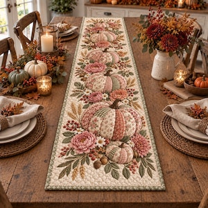 May include: A rectangular fabric table runner featuring a quilted cream background with a repeating pattern of patchwork-style pumpkins in muted autumn tones, surrounded by illustrations of pink chrysanthemums, wheat stalks, and acorns.