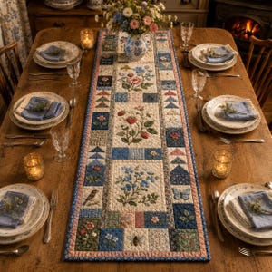 May include: A rectangular quilted table runner featuring a patchwork design with embroidered floral, strawberry, bird, butterfly, and bee motifs in blue, pink, and green tones, centered on a wooden dining table with place settings and a floral vase.