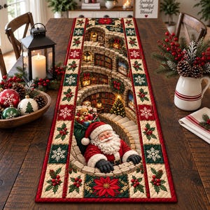Christmas Table Runner, Santa Table Runner, 3D Illusion Quilted Decor, Poinsettia Snowflake Winter Holiday Dining Table Centerpiece