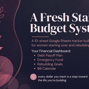 Op de afbeelding: Afbeelding van een Fresh Start Budget System met bloemaccenten. Tekst bevat "A 10-sheet Google Sheets tracker" en "Your Financial Dashboard: Debt Payoff Plan, Emergency Fund, Rebuilding Goals, Bill Calendar."