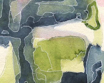 Fall into Zen, watercolor abstract painting on handmade paper with deckled edges in green, gray, paynes gray and pink by Victoria Kloch