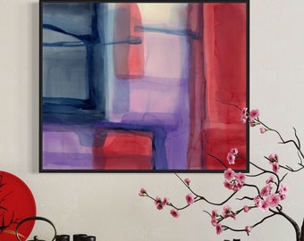 Beyond the Curtain II, 40”x29.5” large original watercolor, gouache, geometric painting in red, purple, indigo by Victoria Kloch