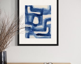 Where the Blue Lines Go, original watercolor abstract painting in blue lines on natural white watercolor paper by Victoria Kloch