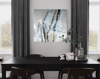 Bending Reeds, original abstract neutral painting with a touch of gold, Zen modern expressionism wall art