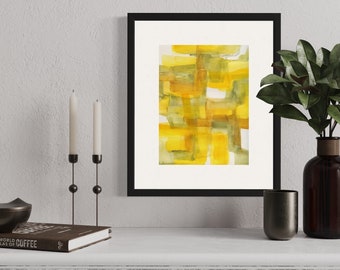 Yellow Field, original watercolor abstract painting in yellow with green accents on arches paper watercolor paper by Victoria Kloch