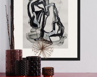 Smoke and Mirrors, original black ink abstract painting in black and white on natural white watercolor paper by Victoria Kloch