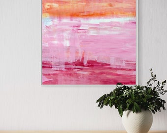 Pink Sky and Marmalade Rain, original geometric abstract painting with orange, pink and, white by Victoria Kloch