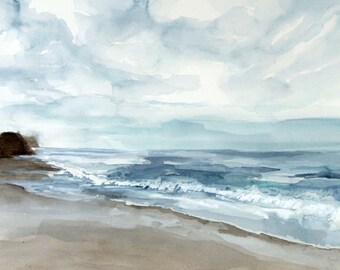 Cambria Beach, California giclee print in blue, brown, gray and white an oceanscape watercolor original by Victoria Kloch