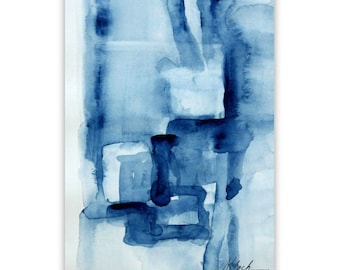 Blue Blocks, modern abstract Giclee print, in blue on white original watercolor by Victoria Kloch