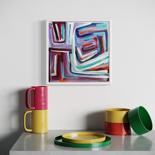 Fun Run, original abstract painting in aqua, blue, red, orange, purple, lavender and white wall art by Victoria Kloch