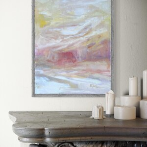 Sunup, original painted oil abstract landscape, colors are yellow ochre, lavender, brown, white, grey, beige and pink, by Victoria Kloch