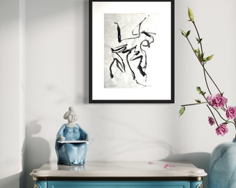 Riding the Bull, original black ink abstract painting on natural rice paper by Victoria Kloch