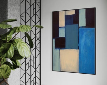 Night and Day, original abstract painting with green, butter yellow, blue, and black by Victoria Kloch