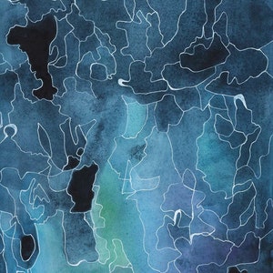 Who Let the Genie Out of the Bottle, original watercolor abstract painting on arches paper in Indigo, blue, aqua, lavender,