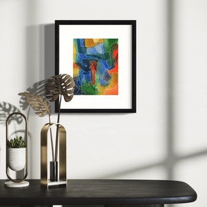 Up In The Trees, watercolor abstract painting on handmade paper with deckled edges in green, blue, orange, yellow by Victoria Kloch