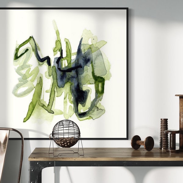 Tangle Green, large Giclee print in green, and indigo, a reproduction of an original watercolor by Victoria Kloch