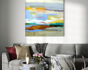 A Cloud Above, extra large original hand painted abstract landscape 48"x48" ready to hang bright, beachy, wall art, Diebenkorn inspired