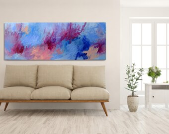 Coral Reefs, extra large Original Abstract painting 72" x 26" abstract expressionism blue, light pink, magenta, lavender  wall art