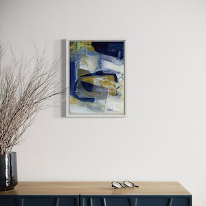 Pie in the Sky, Original modern abstract painting, blue, white, and yellow ochre wall art