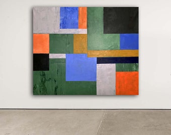 Outside the Box, Oversized 64"x54" geometric abstract painting with blue, green, yellow ochre, black, off white and orange by Victoria Kloch