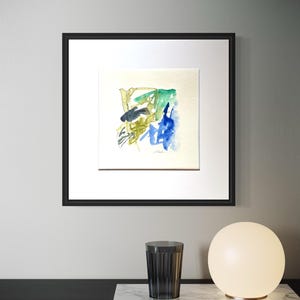 Chicory, original watercolor abstract painting on natural white watercolor paper in green, blue and black by Victoria Kloch