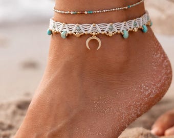 Handmade Macrame Anklet • Boho Natural Stone, Gold Beads, Moon Charm