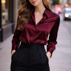 Lapel Button Blouse for Women – Long Sleeve Office Top in Brown or Black