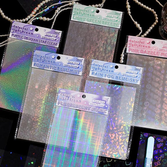 Self Adhesive Holographic PET Film Sheets, Photo Sticker Overlay, DIY Journal Scrapbook Decor, 6pcs