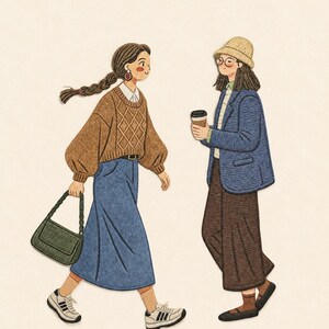May include: An embroidered illustration of two figures. One wears a brown cable-knit sweater, blue skirt, and white sneakers, carrying a green handbag. The other wears a blue blazer, brown trousers, a beige bucket hat, and holds a coffee cup.